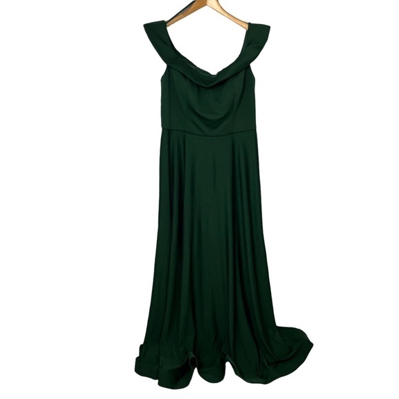 La Femme Off The Shoulder Jersey Fit & Flare Gown Green Dress Size 16 Formal - Picture 3 of 11